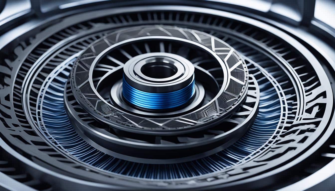 A Close Up View Of An Advanced Turbine Seal Design Featuring Sleek And Futuristic Lines With Intricate Patterns Etched Into The Metal Surface A close-up view of an advanced turbine seal design, featuring sleek and futuristic lines, with intricate patterns etched into the metal surface. The design incorporates advanced materials and innovative features that help to maximize turbine efficiency and performance. The seal appears to be in motion, with a blur effect suggesting rapid rotation and high speeds. The background is dark, with hints of orange and blue highlighting the details of the seal design.