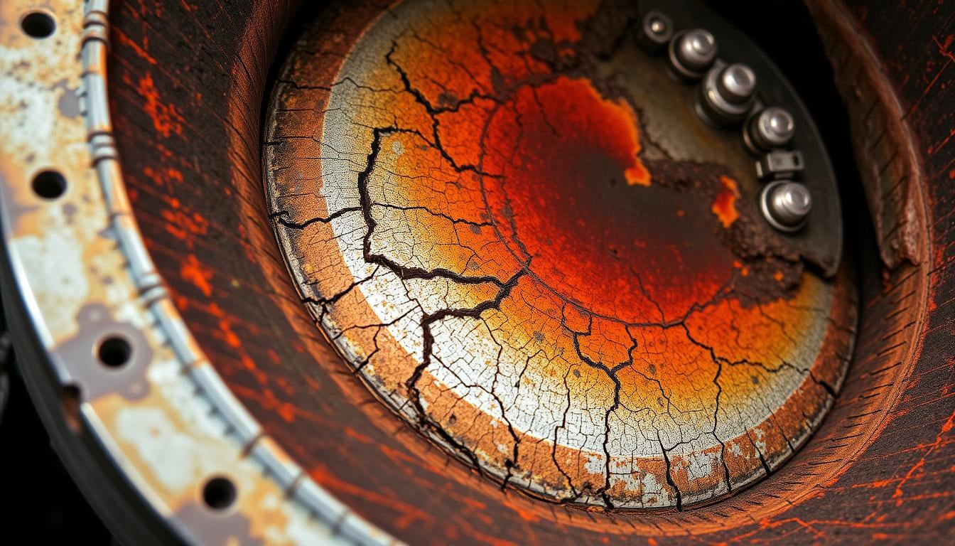 A Close Up View Of Worn Hot Section Turbine Components Showcasing Signs Of Thermal Fatigue And Oxidation A Close Up View Of Worn Hot Section Turbine Components Showcasing Signs Of Thermal Fatigue And Oxidation