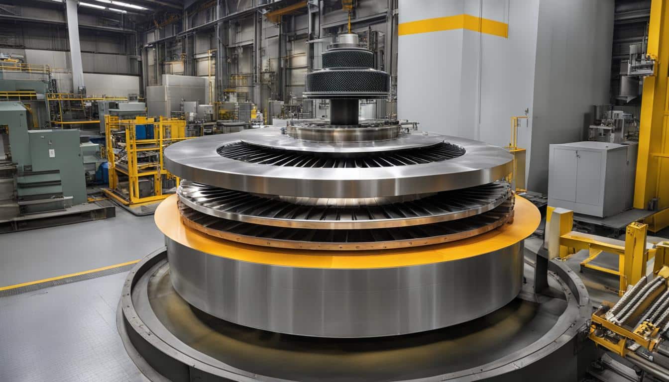 Gas Turbine Rotor Suspended Mid Air Surrounded By A Circle Of Weight Trays And Callibration Equipment Gas Turbine Rotor Suspended Mid Air Surrounded By A Circle Of Weight Trays And Callibration Equipment